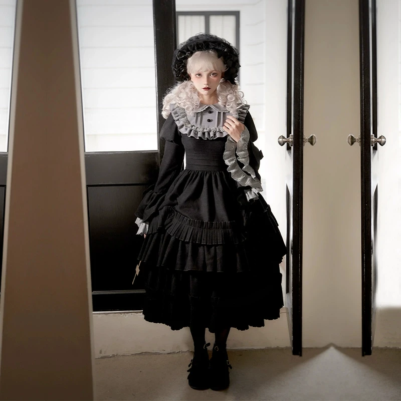 【沉夜之章】withpuji原创设计古早doll黑色姬袖大摆op衬裙lolita