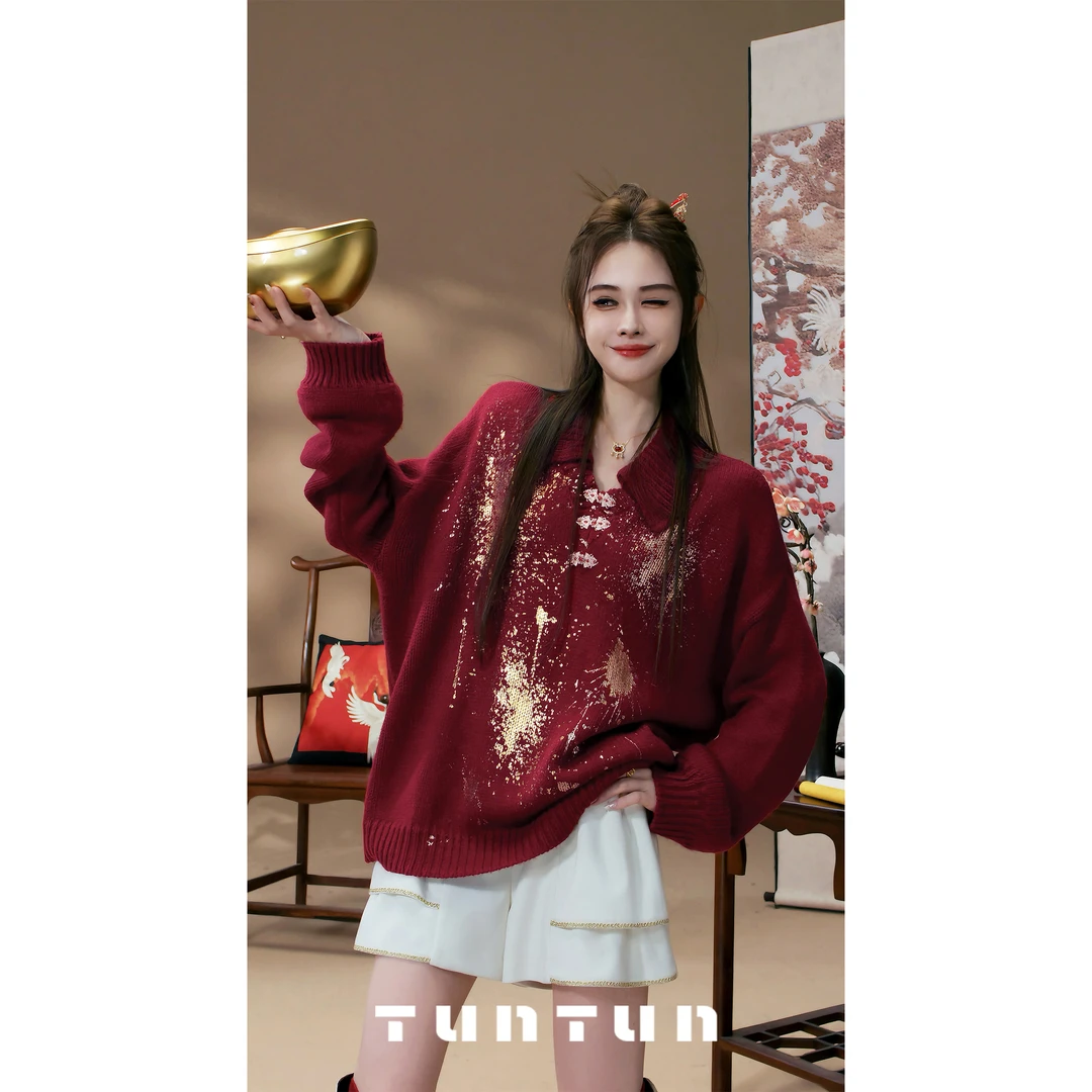 吞吞TUNT【烟火年年】点亮新年 不规则泼墨烫金花纹毛衣