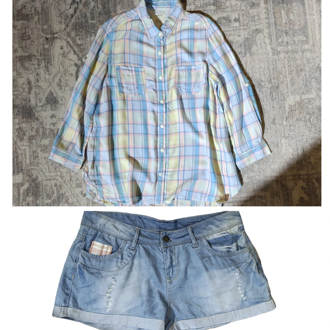 垂感彩色格子衬衫李家短裤套装song吊带NO退换