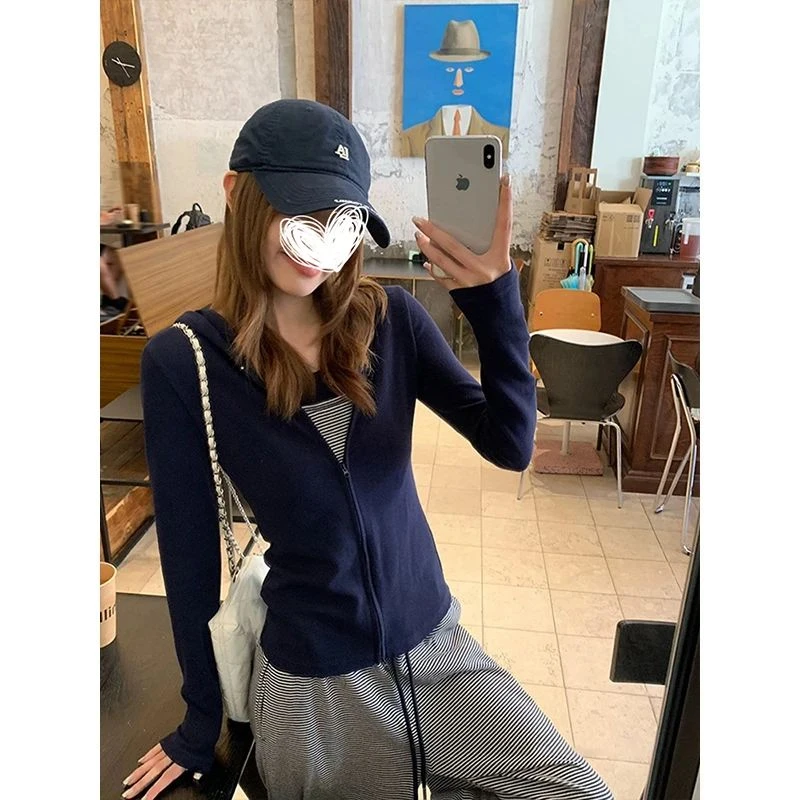 秋季设计感显瘦正肩连帽双拉链开衫长袖外套女百搭上衣时尚#7008