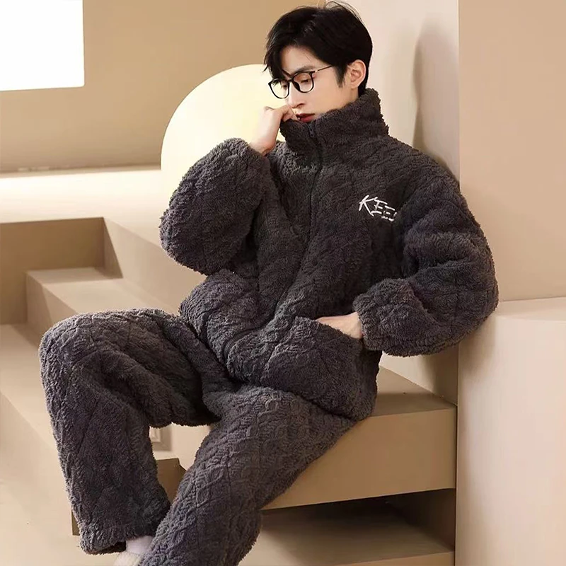 冬季三层夹棉男士睡衣珊瑚绒套装加厚加绒暖法兰绒家居服可外穿JX