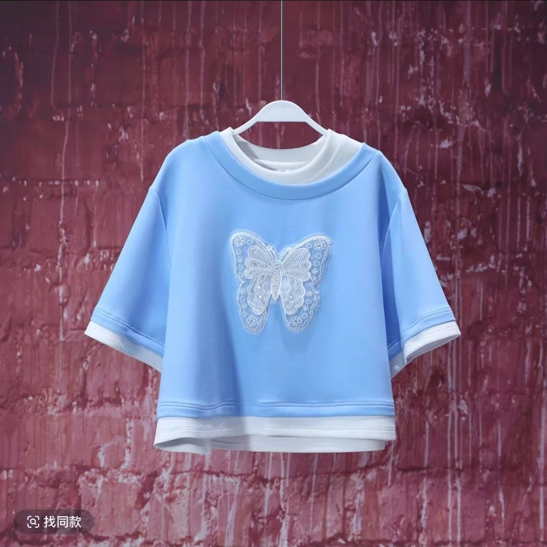 2025夏季新款《波上寒烟翠》小众设计天蓝色蝴蝶钉珠绣花圆领T恤