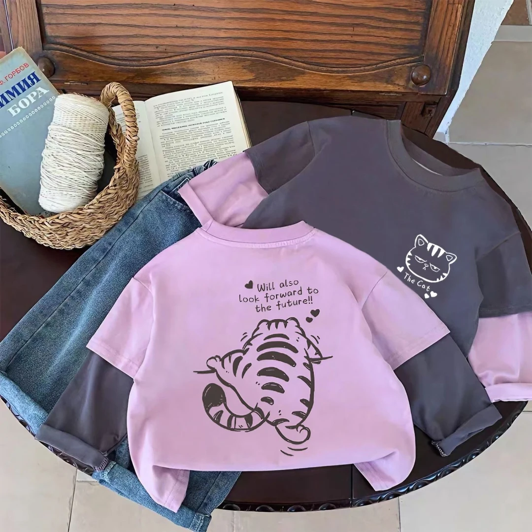 儿童2025春秋季纯棉假两件拼接长袖中小童印花宝宝内搭爆款打底衫