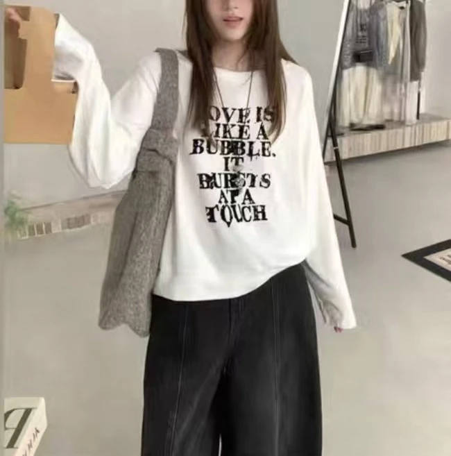 【晨浠定制】新款字母印花长袖圆领显瘦T恤打底20380