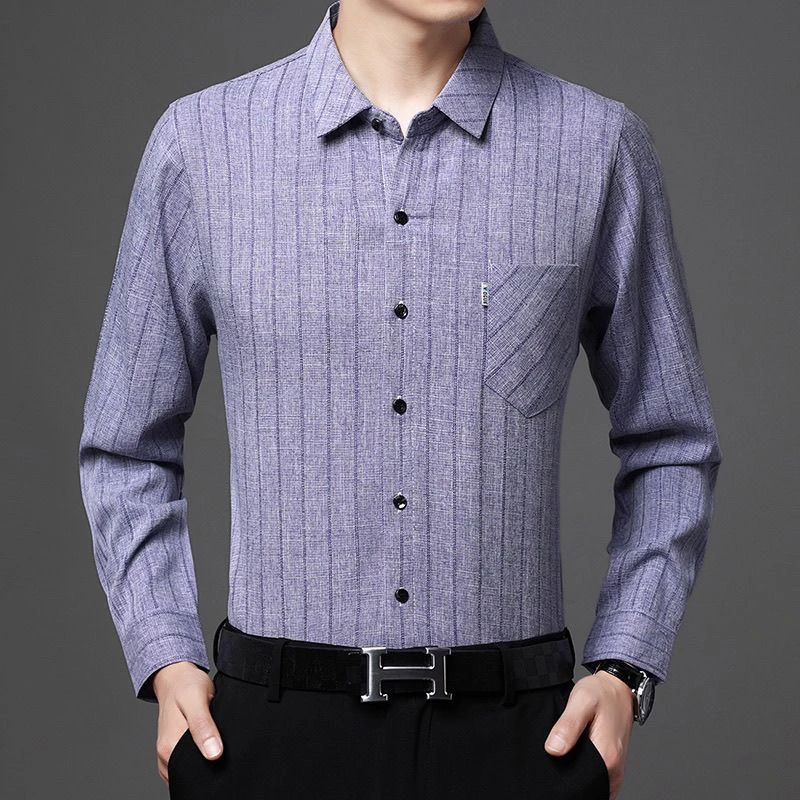 男装春秋条纹免烫方领中老年长袖衬衫薄款888长袖