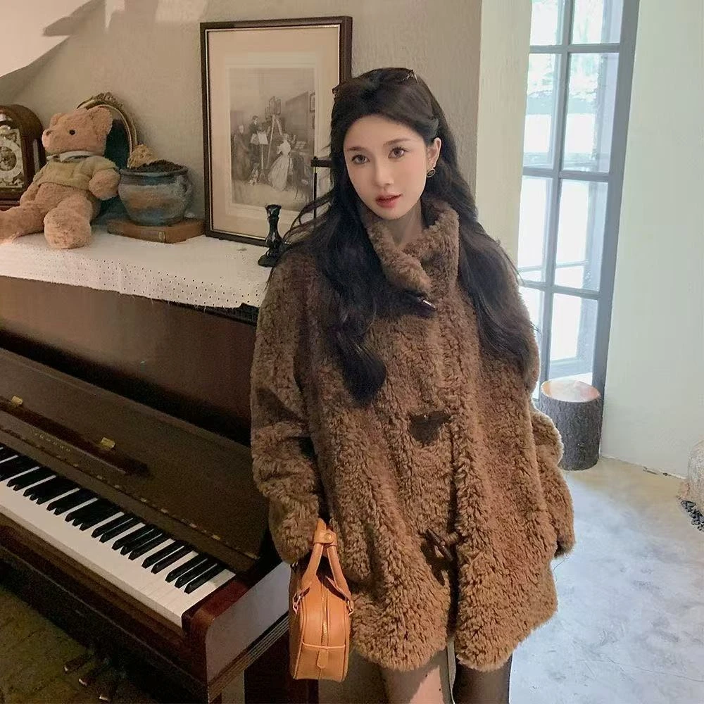 2025新款秋冬季潮流风潮牌女装中长款毛绒加厚加绒外套大衣气质