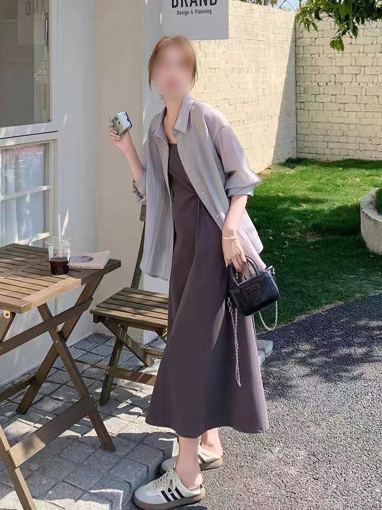 大码女装韩系轻熟气质防晒衬衫吊带连衣裙套装女设计感两件套