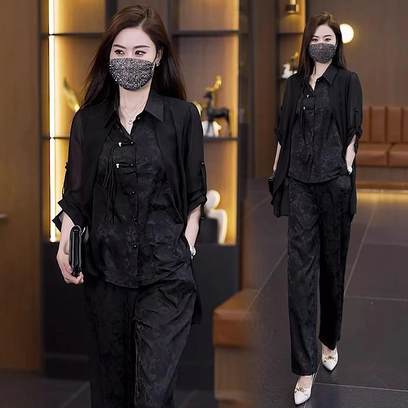 大码复古新中式套装女夏新款胖mm高贵气质假两件衬衫休闲裤两件套