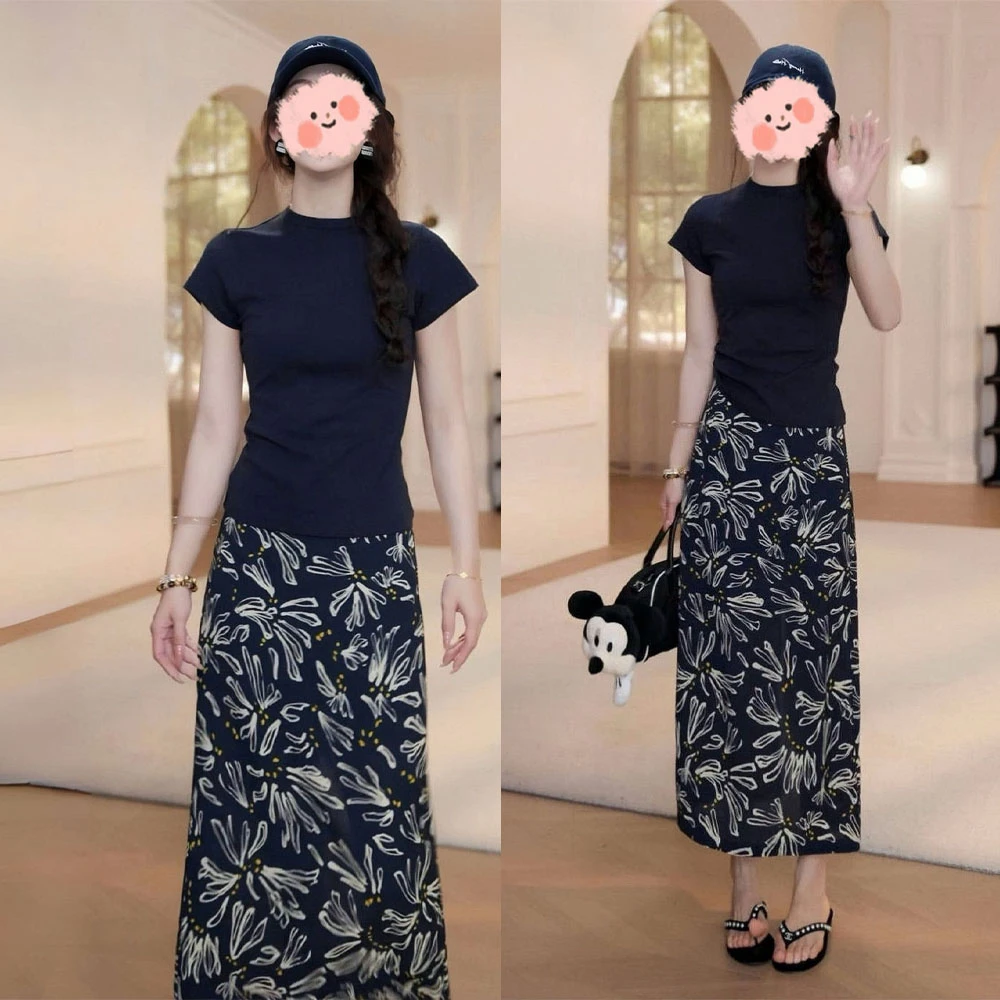 MARIE.COCO2025夏季洋气减龄显瘦短袖T恤上衣百搭半身裙气质套装