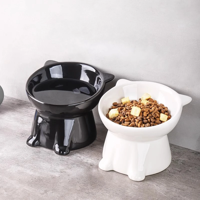 猫碗陶瓷猫食盆黑色喝水碗斜口高脚宠物狗粮食饭碗保护颈椎防打翻