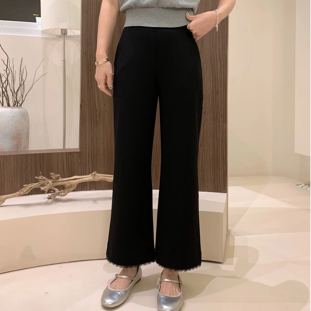 SUNCC自制 知足裤 春夏新显瘦藏肉直腿气质百搭弹力蕾丝边小黑裤