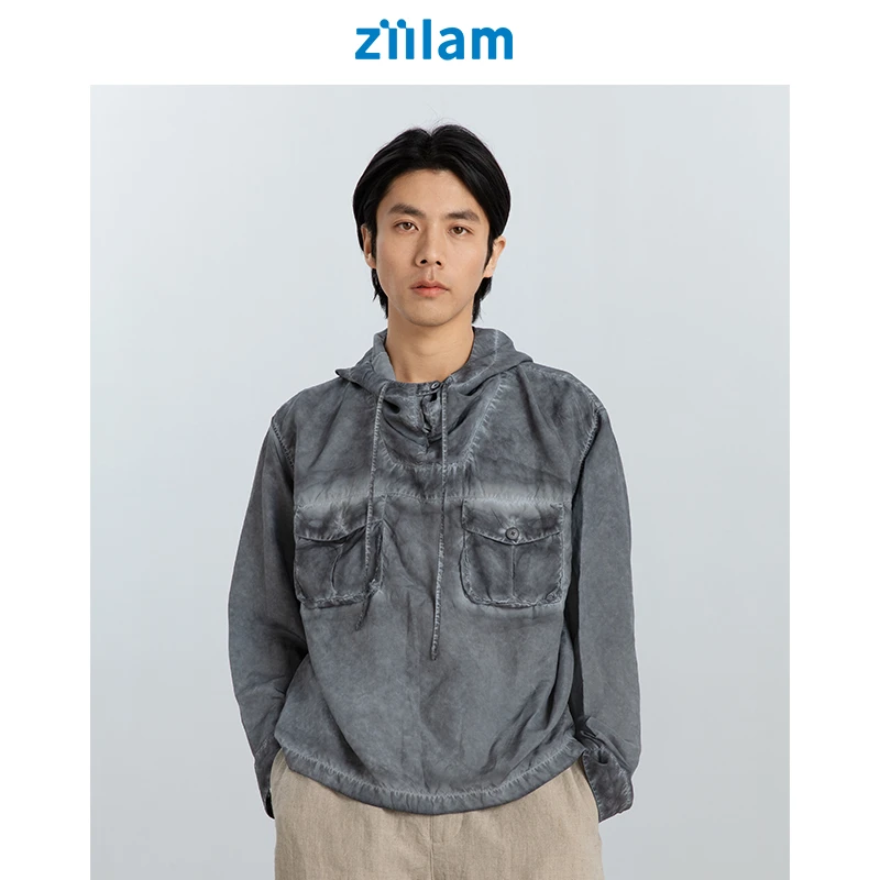 ziilam枝蓝 炒色连帽衫男款浅蓝长袖上衣宽松休闲百搭桑蚕丝春夏