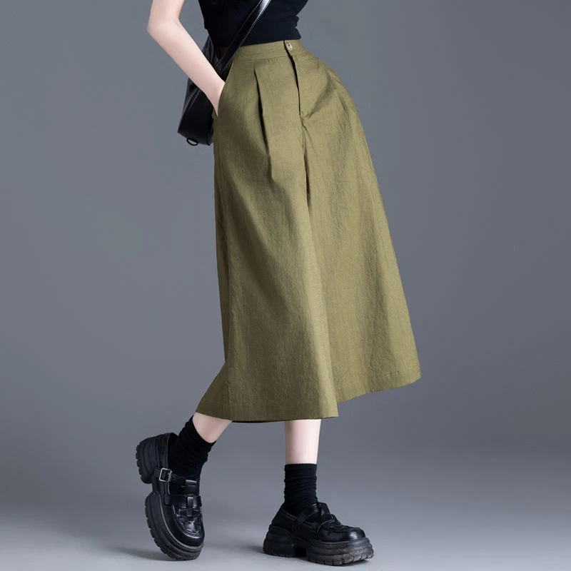 高级感芥绿色亚麻裤子女夏季薄款休闲裤阔腿女裤裙小个子棉麻裙裤