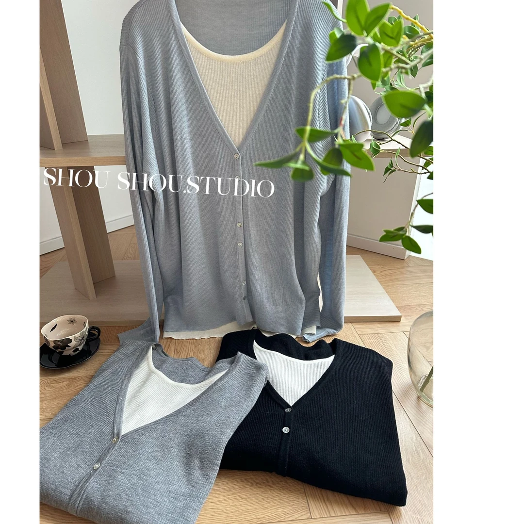 【瘦瘦】大码秋季假两件真门襟百搭薄款含羊毛宽松针织衫S01858