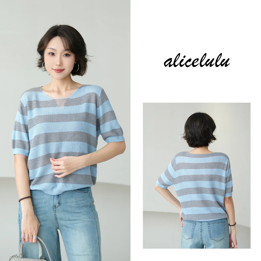 [alicelulu]休闲纯色V领坑条短袖针织衫遮肚 S2142563T