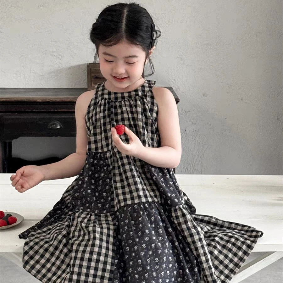 童裙有米2025夏季新品韩版童装森系拼接格子挂脖格子女童连衣裙