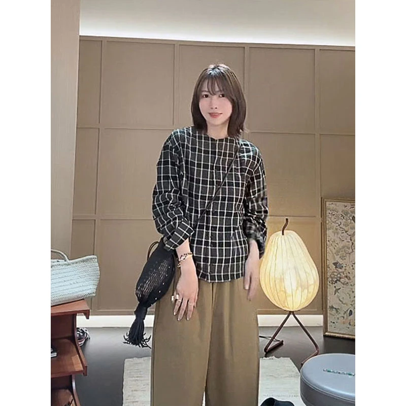 【MGDM】全棉色织格纹肌理感圆领长袖衬衫上衣女2025春DDJ24240