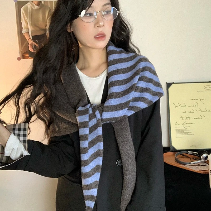 韩版百搭经典拼色条纹针织大三角披肩女春秋新款百搭护颈保暖围脖