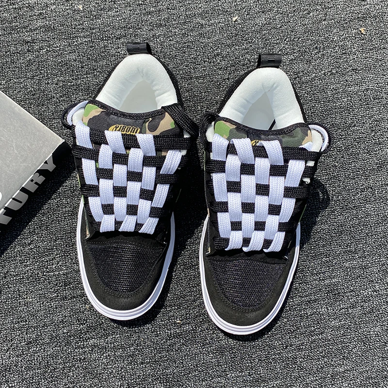 美式板鞋迷彩胖胖面包鞋秋冬季厚款男鞋大码编织潮鞋耐脏户外鞋子