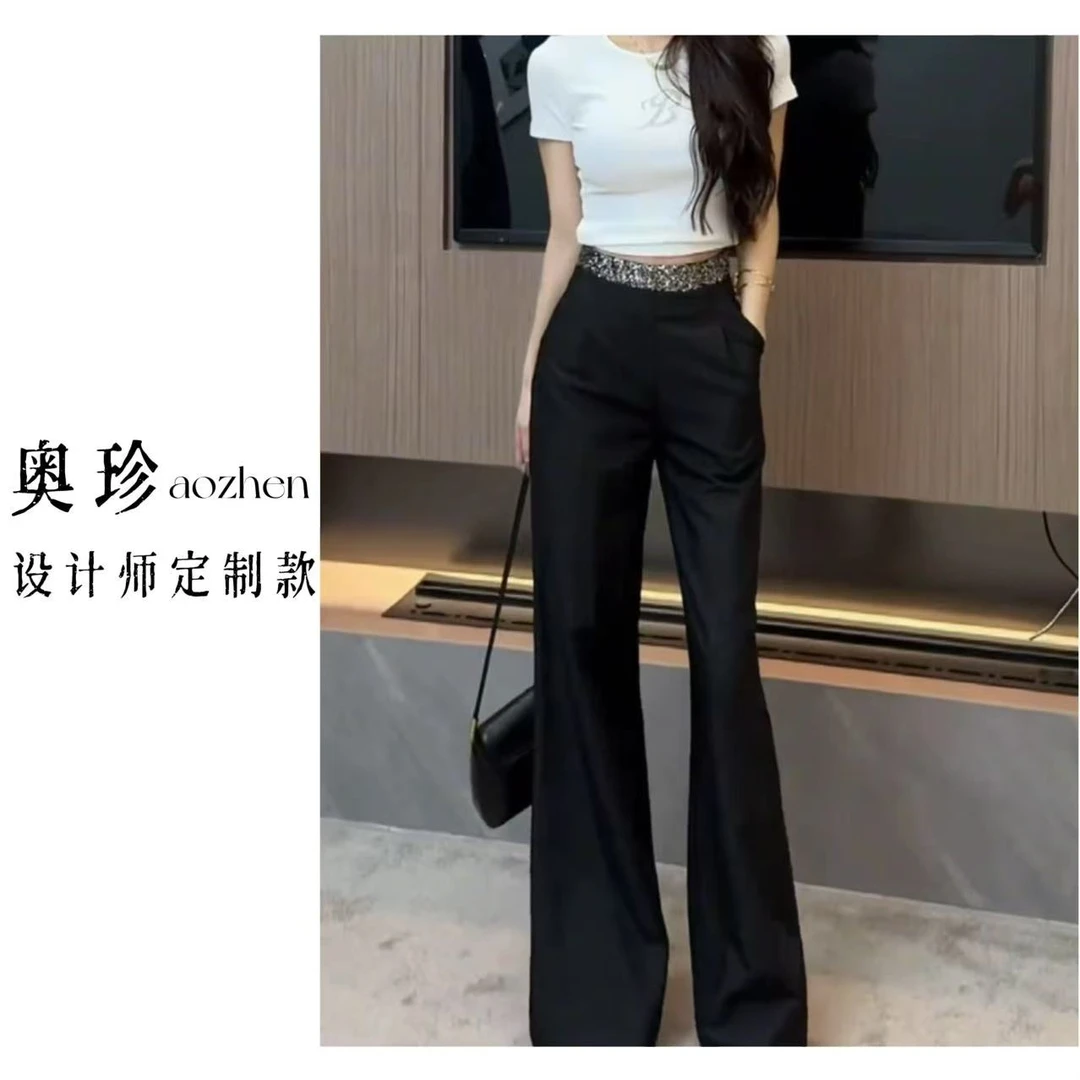 【巴洛克千金】高腰坠感亮片拼接西装裤春夏季2025新款百搭阔腿裤女