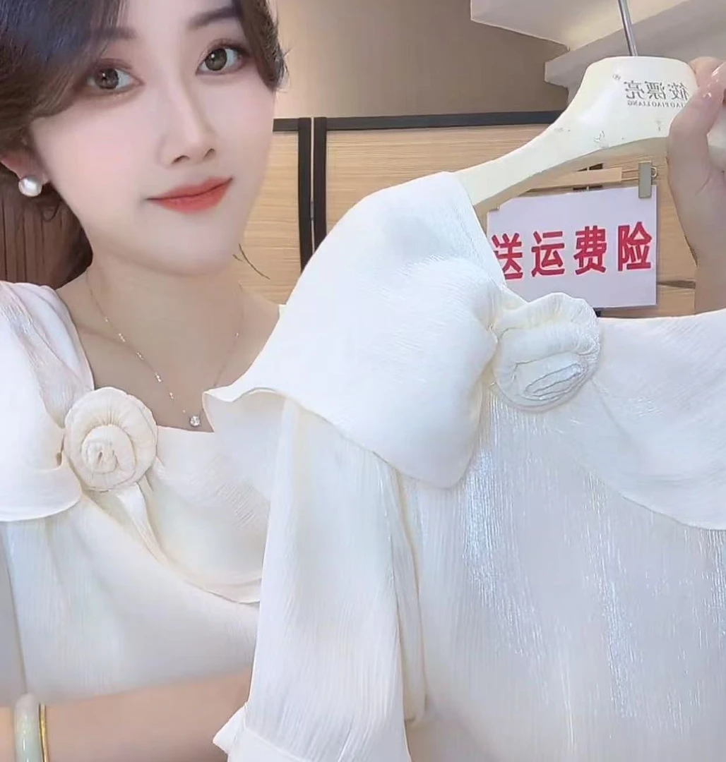 【625】修身显瘦不规则立体花朵纯色套头短袖雪纺衫女夏季