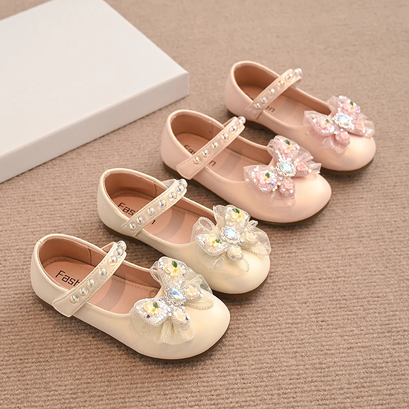 女童鞋皮鞋春秋季新款儿童蝴蝶结水钻公主鞋小女孩软底中大童单鞋