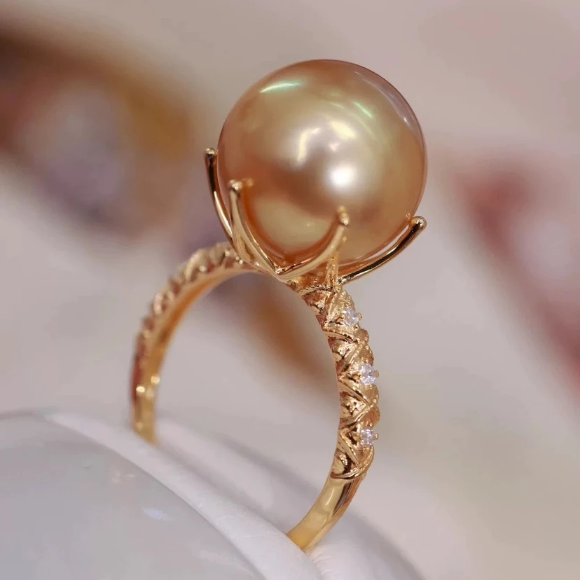 铜合金仿珍珠戒指 10mm香槟色贵气皇冠造型戒指开口可调节F1-032
