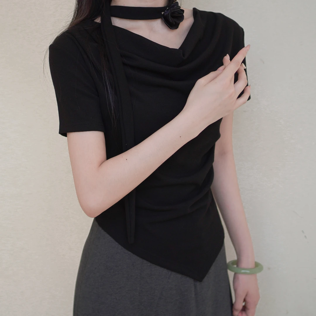 【现货上新】夏季新款捏褶显瘦百搭小衫一字圆领T收腰气质短款上衣