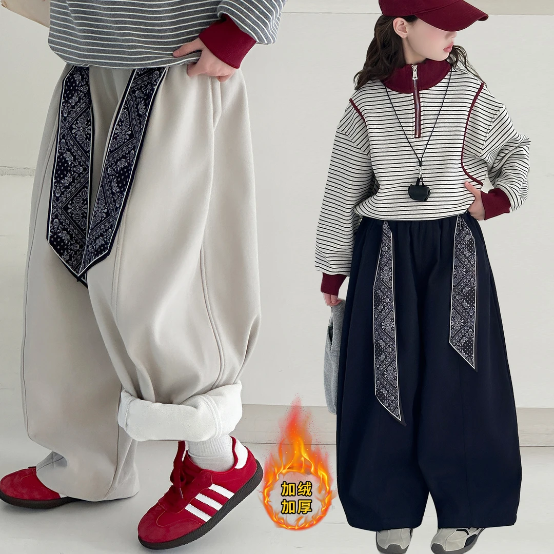 高品质女童纯棉加绒拼接休闲裤卫裤6-12岁女孩15宽松加厚条纹卫衣