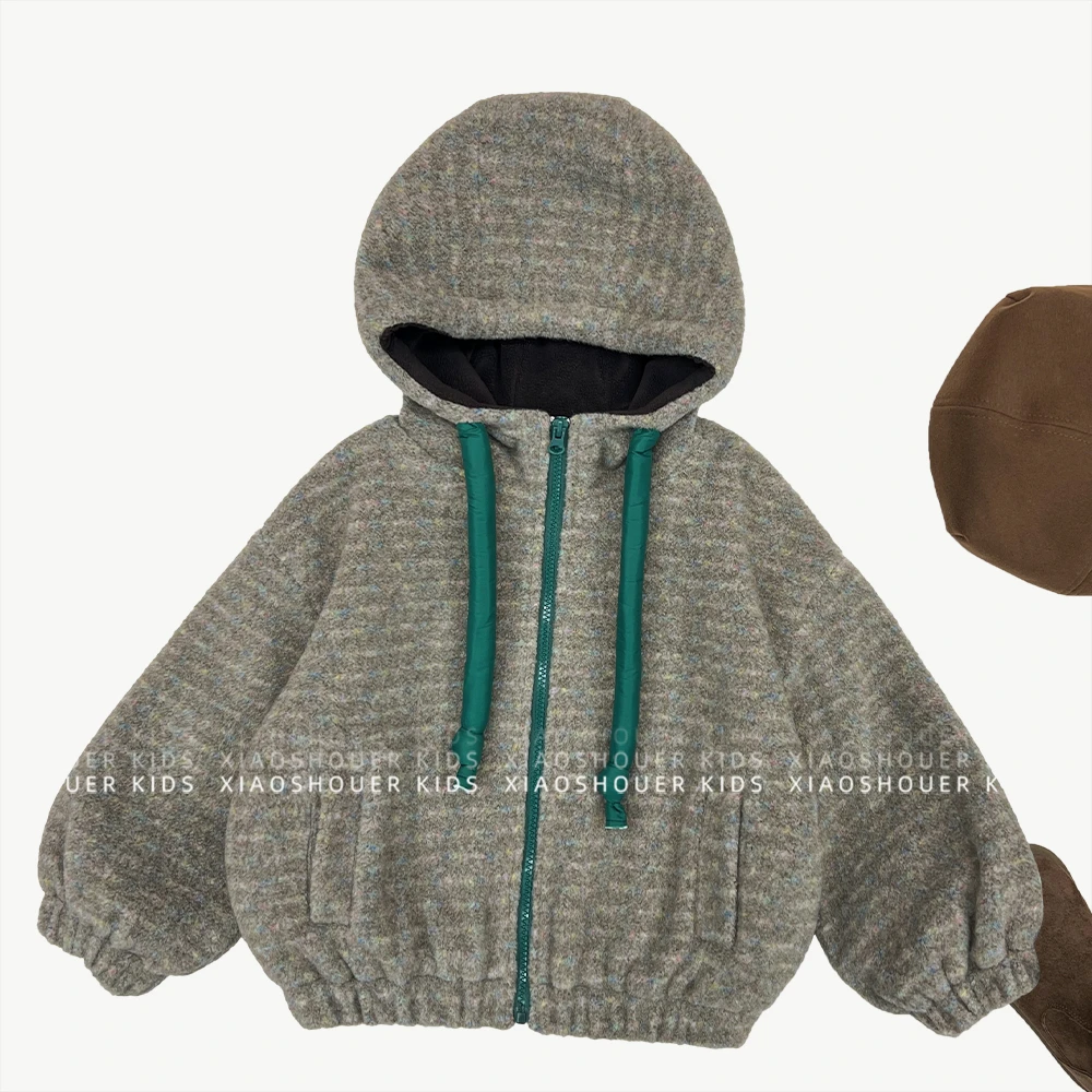 【小首尔】冬季男女童复古时尚韩版潮流保暖毛呢连帽厚外套HBB8549