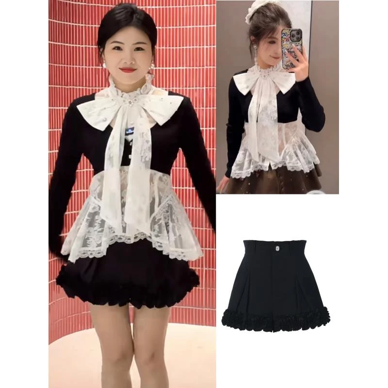 辰辰辰小店3黑色针织拼接蕾丝大蝴蝶结假两件上衣短裤