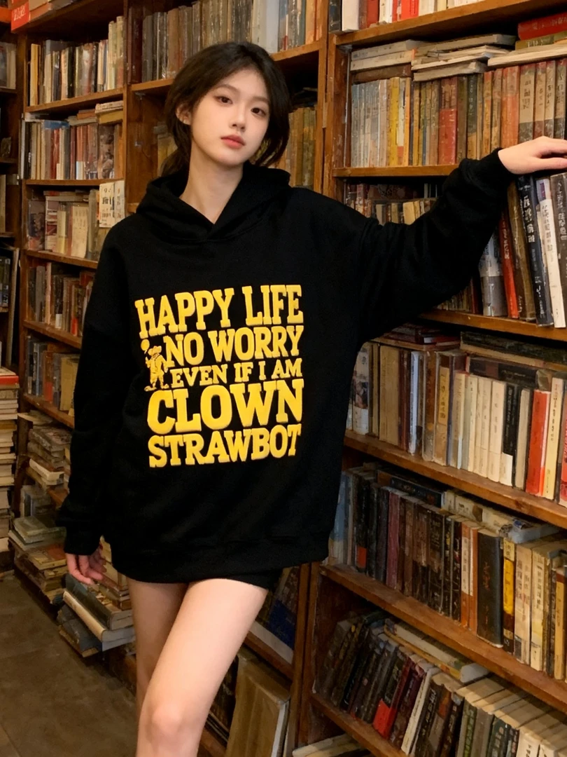 秋冬大印花字母小丑卫衣连帽小众设计加绒加厚帽衫外套