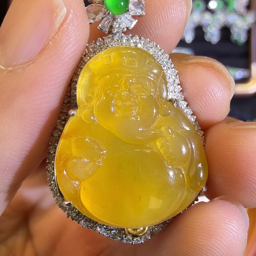 翡翠吊坠(赠链)18K金镶嵌冰糖黄财神