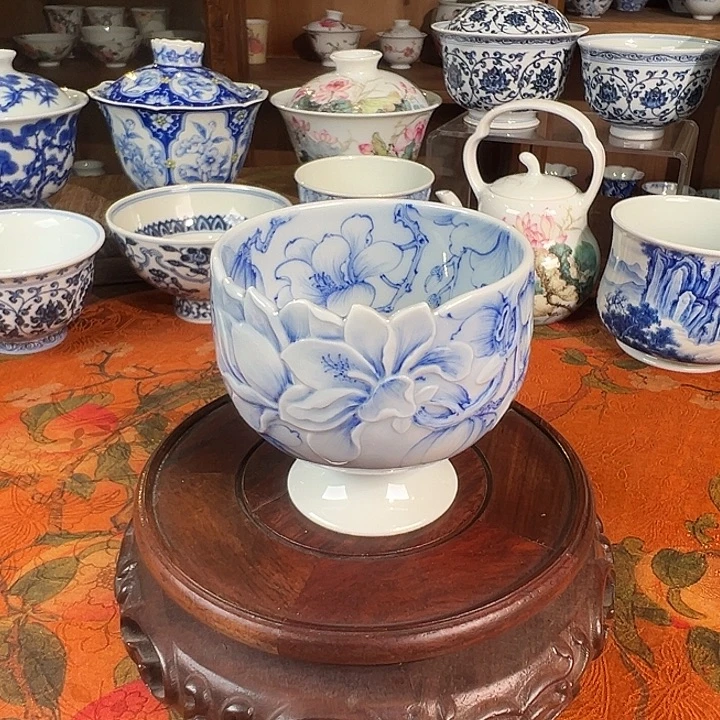 陶杯子青樵轩雕刻玉兰花高足杯