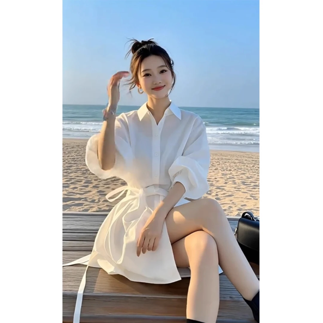 时尚气质御姐衬衫连衣裙女装2025春夏新款独特绝美白色收腰短裙子