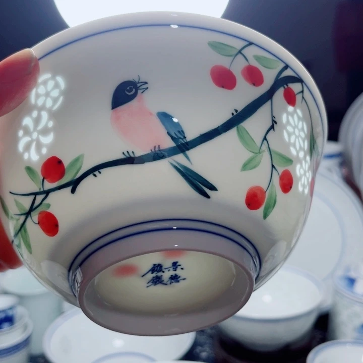 青花玲珑6寸面碗手绘花鸟