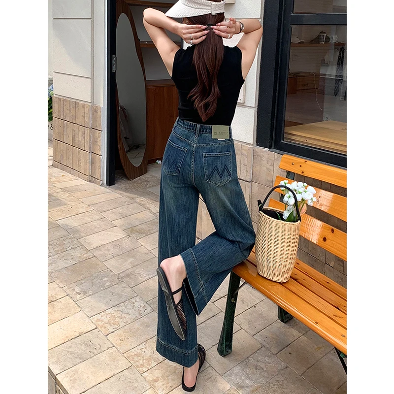 美思源直筒牛仔裤女款2025秋季新款九分高腰复古小个子窄版阔腿裤