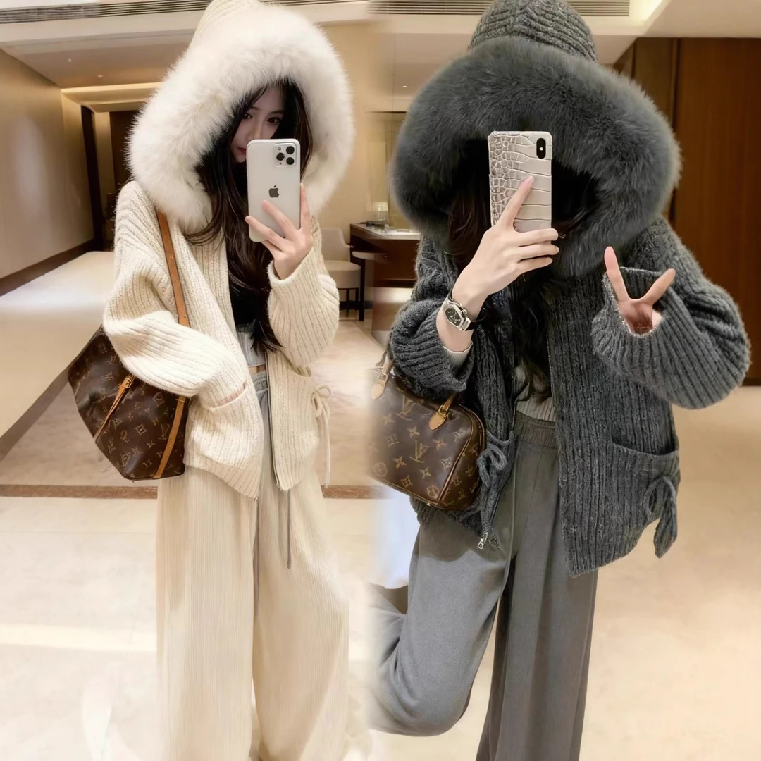 连帽韩系ins气质 2025秋冬新款大毛领宽松慵懒风连帽开衫毛衣外套