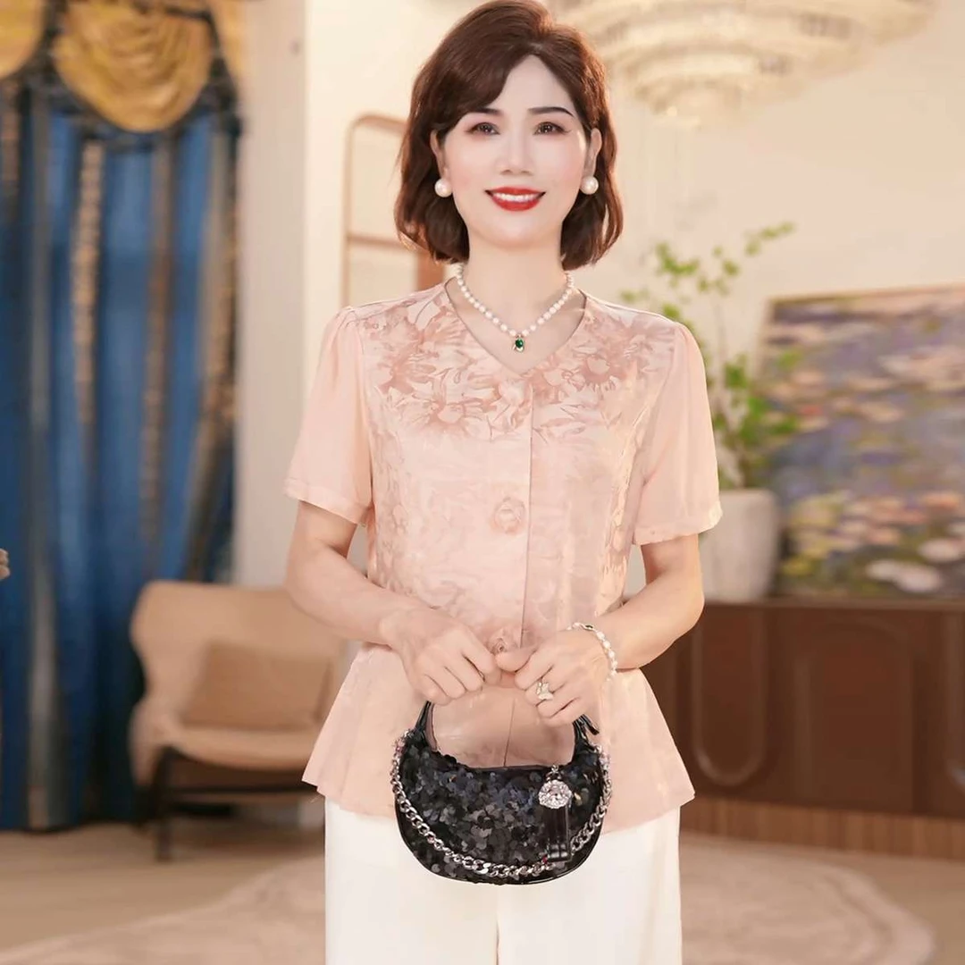 洋气中老年女装时尚国风上衣套装气质妈妈夏季新中式短袖大码衣服