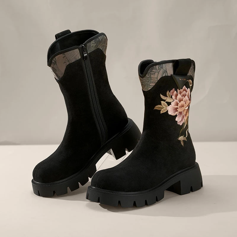 【薄绒靴】中筒手绣绣花牡丹花装饰国风靴中国风绣花单靴女 2829-17