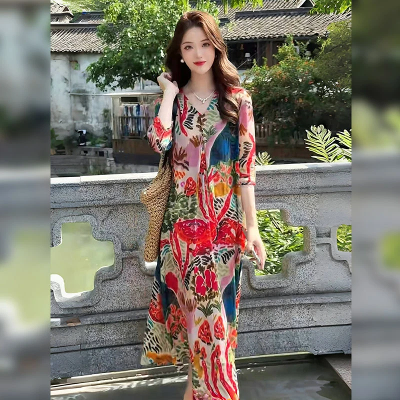 轻奢大牌洋气真丝印花连衣裙2025夏季新款宽松显瘦法式气质长裙