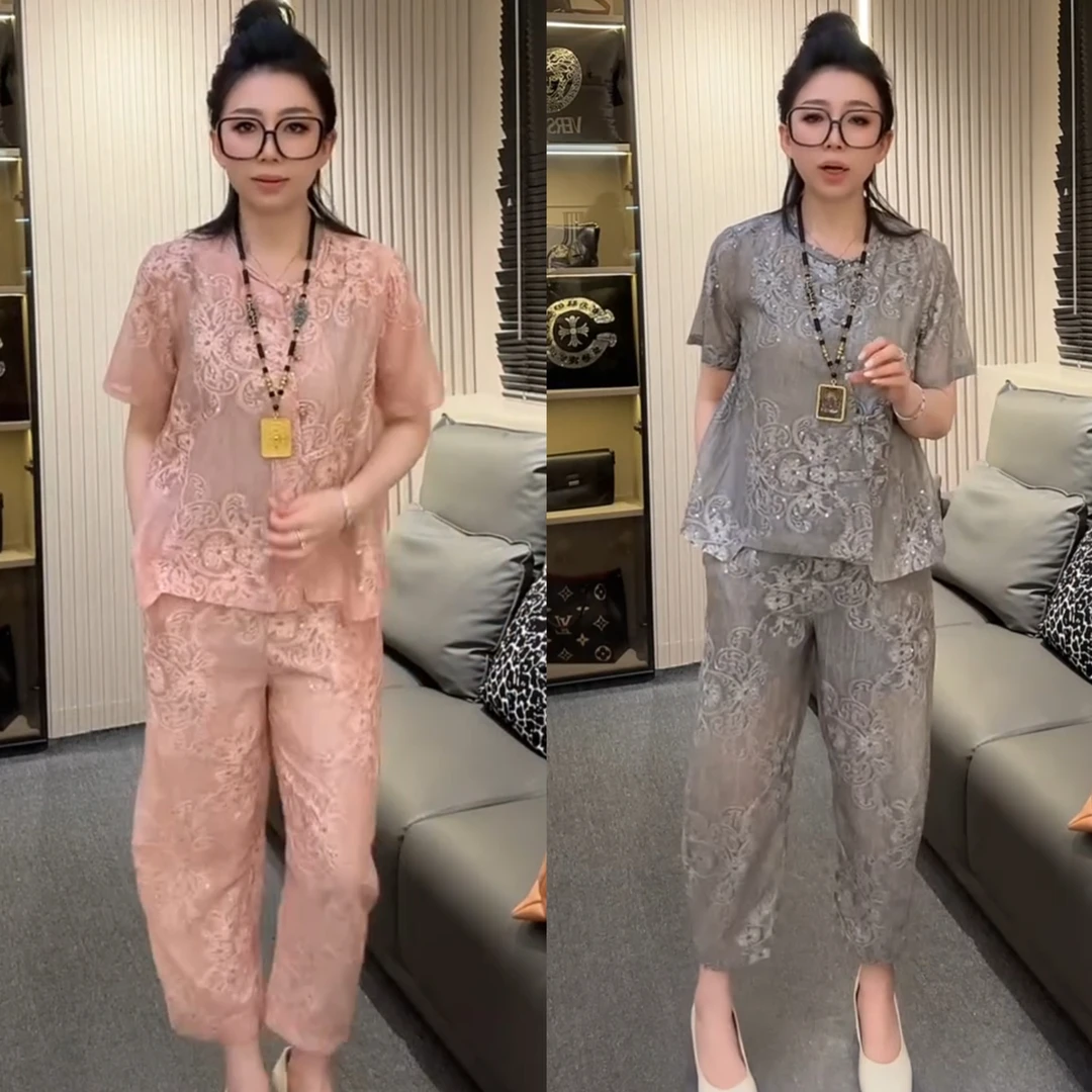夏季新中式重工刺绣长裤短袖套装2025女爆版宽松通勤风上衣时尚