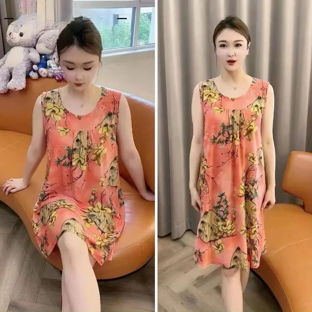 新款睡衣夏季薄款冰丝凉爽宽松时尚简约砍袖连衣裙可外出睡裙女