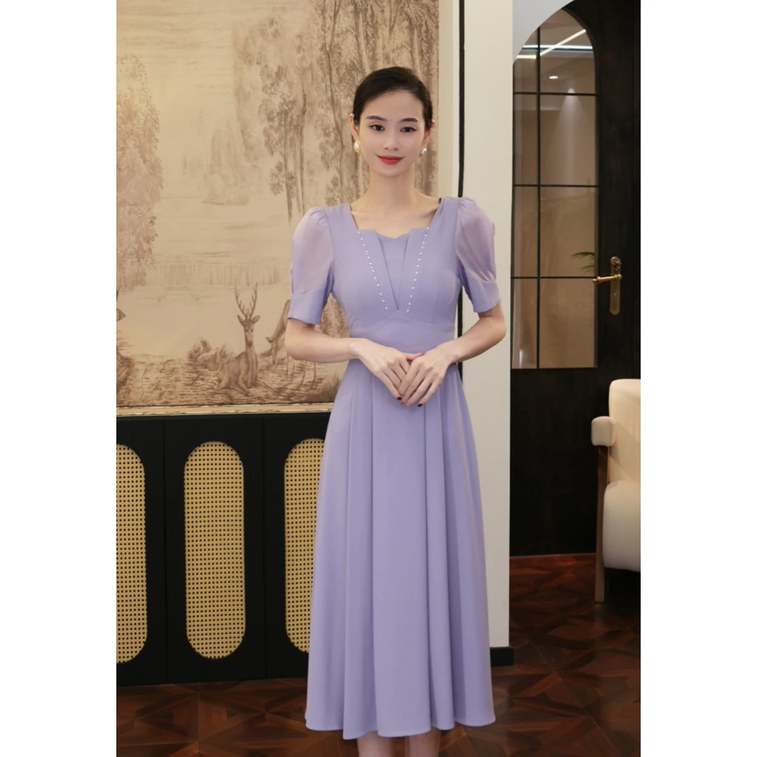 现货2024夏季新款【L23-X06】法式优雅小众设计紫色显瘦礼服连衣裙