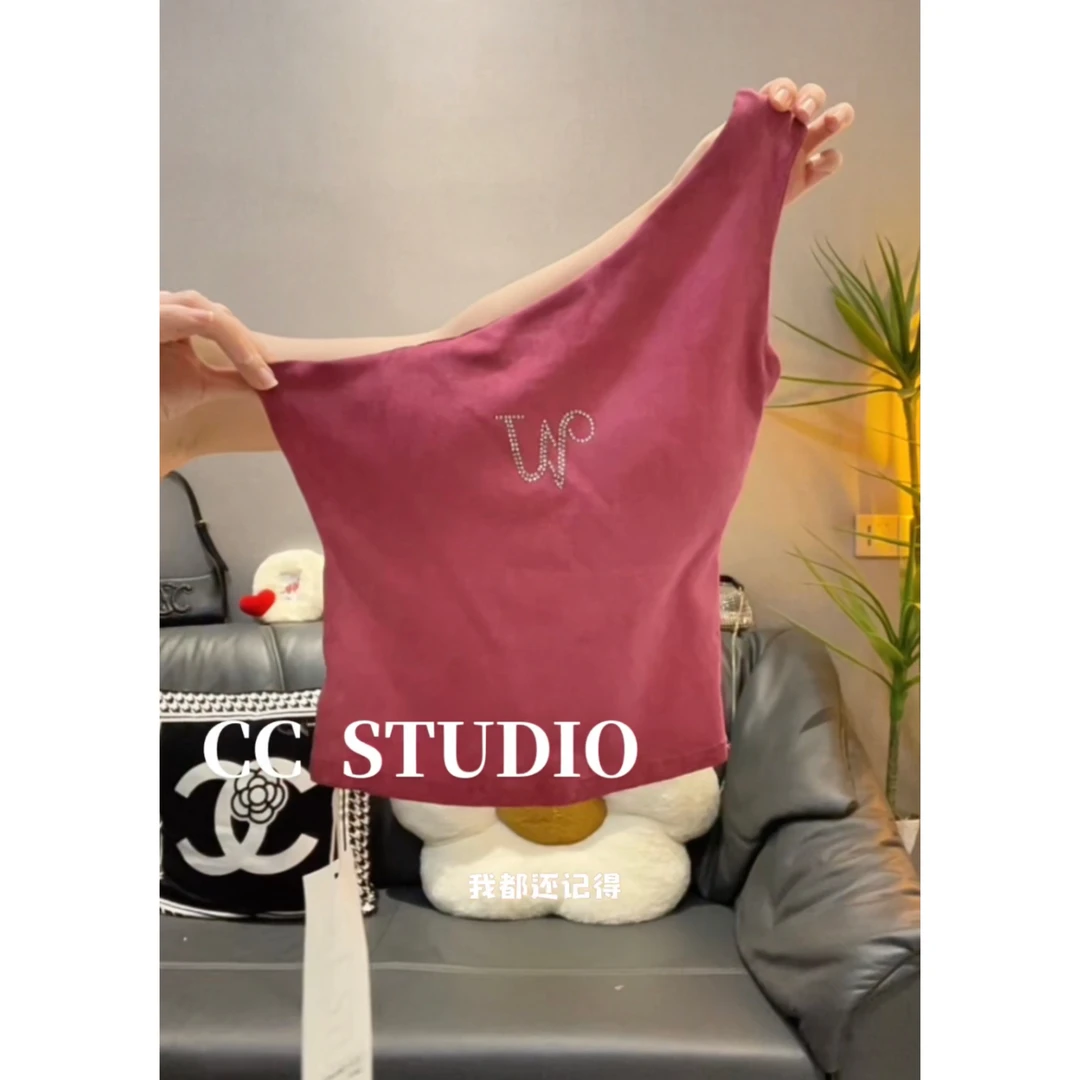 2025夏季新款辣妹字母烫钻斜肩背心女外穿设计感小众修身显瘦上衣