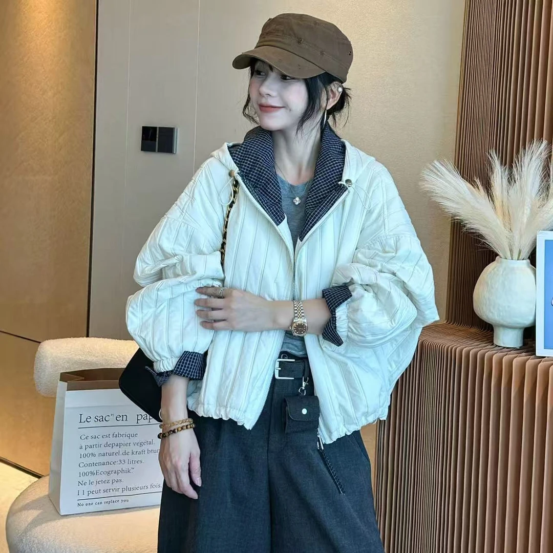 2025连帽格子拼接绗线棉服外套早冬季新款时尚百搭休闲女士