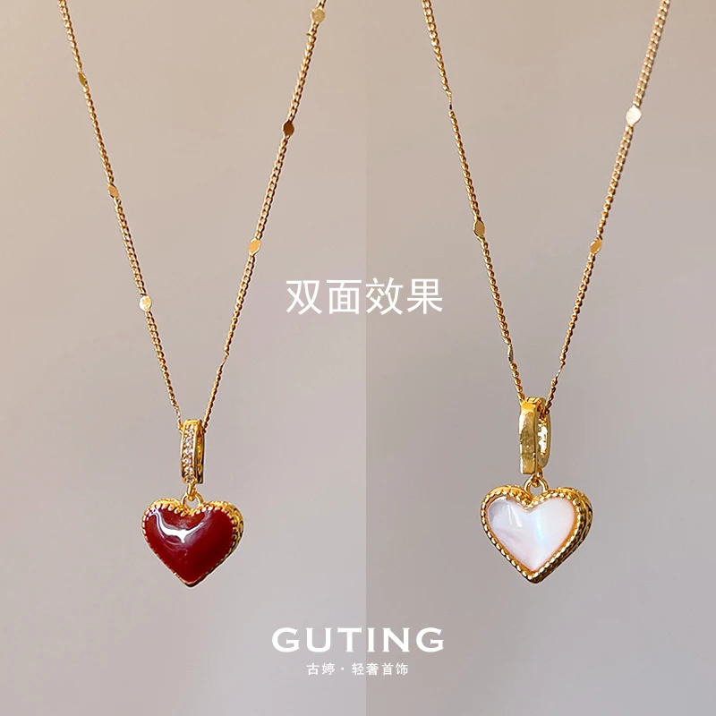 铜合金项链 6453双面桃心项链女款高级感轻奢小众锁骨链2025新款