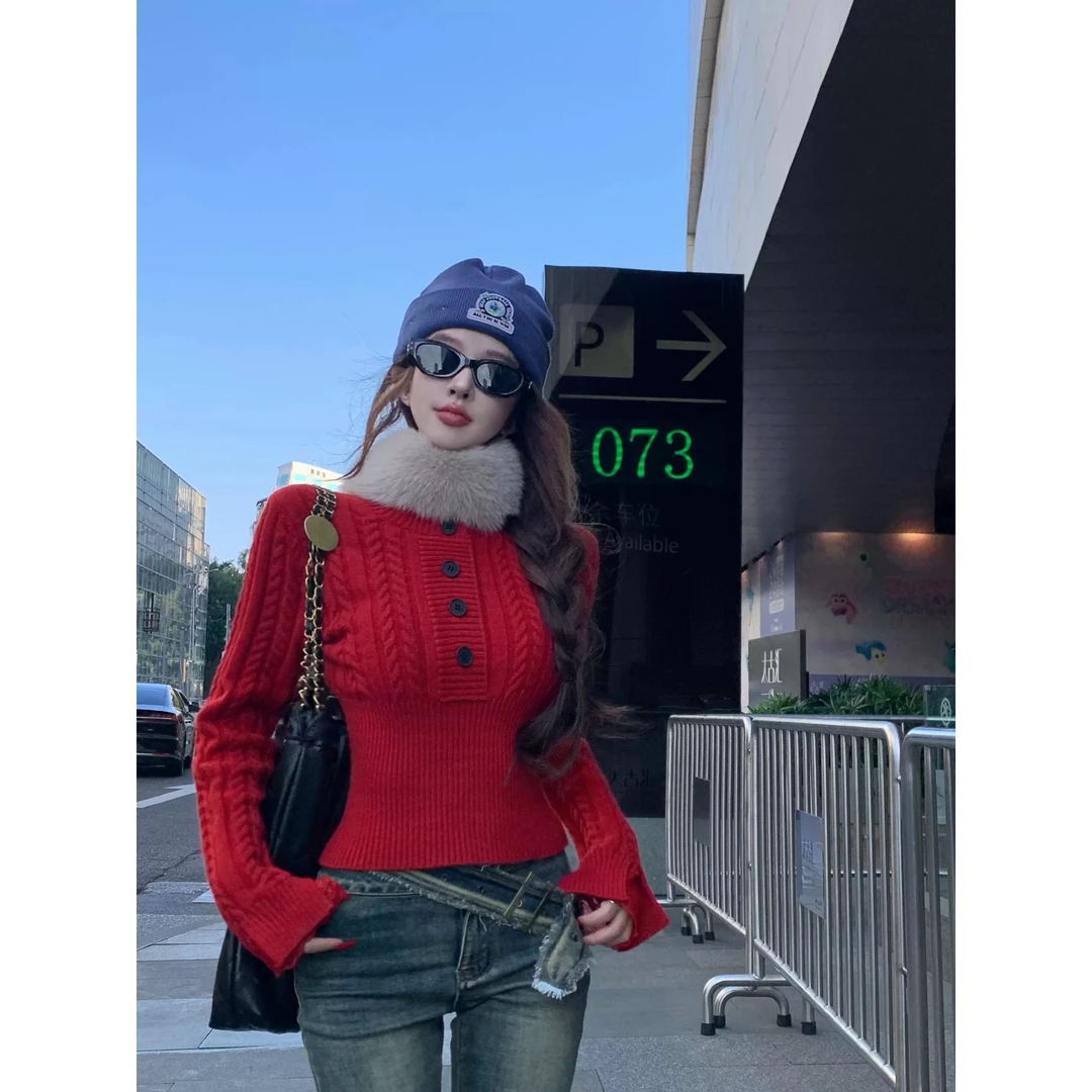 巧克少女纯欲风蓝色麻花圆领长袖针织衫女装冬季修身显瘦百搭上衣