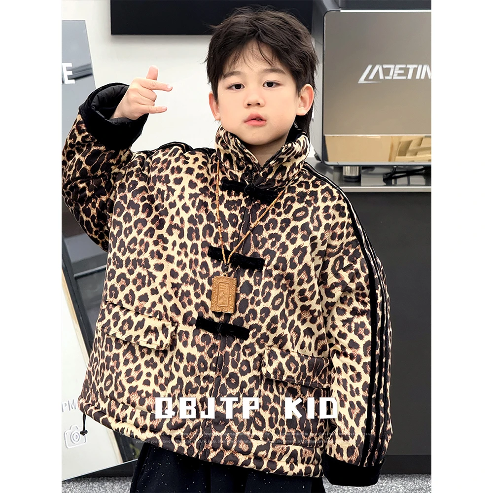 Q宝家童品12月新款 儿童年服豹纹加绒外套男童时尚洋气百搭拜年服