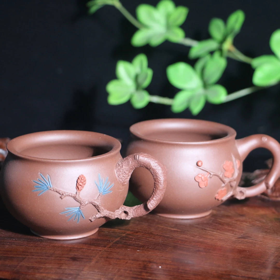 A040宜兴原矿紫砂紫泥全手工雕塑主人杯茶具150cc